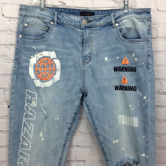 THRT Denim Jeans Hazard Warning Men's Sz 42 Grunge Orange Streetwear Distressed - Picture 4 of 13